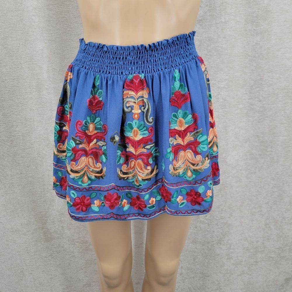 Surf Gypsy Fiesta Embroidered Mexican Style Blue Mini Skirt